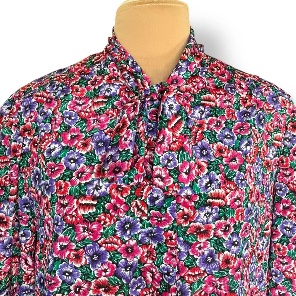 Vintage 80s Top Dark Floral Tie Neck Long Sleeve Secretary Blouse 18W USA Made